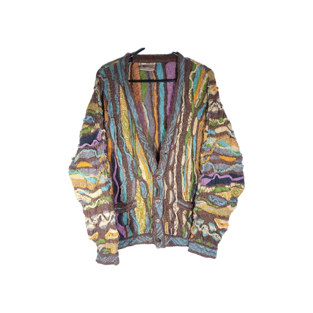 COOGI Multicolor Textured Stripe Cardigan — Purple, Teal, Yellow, Brown
